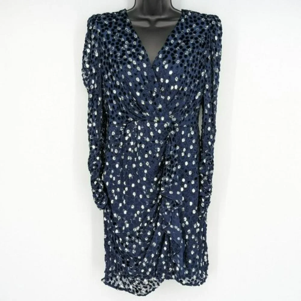 Kate Spade Scatter Dot Dress 6 Navy Silver Faux Wrap Ruffle Velvet Long Sleeve